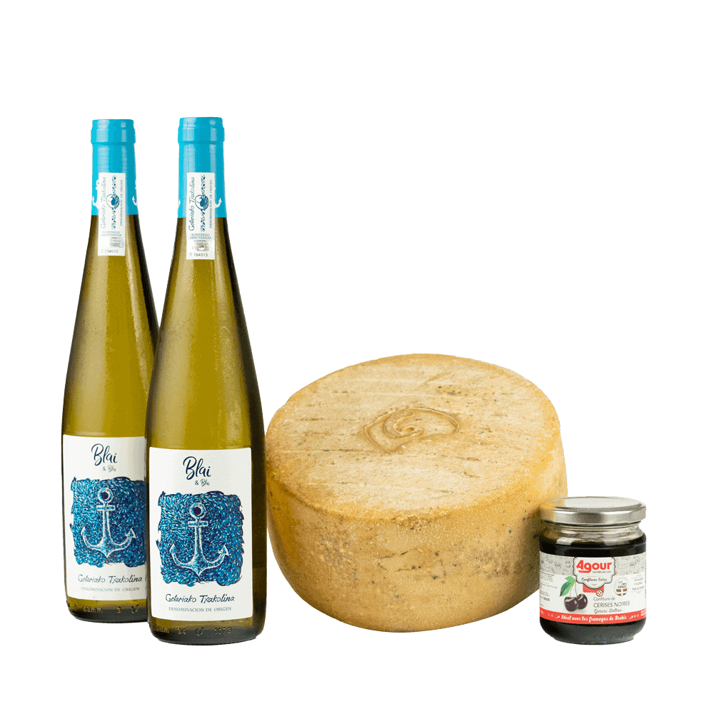 Coffret Ossau-iraty Aop X Txakoli De Getaria Tomme Entière 2.5kg + Confiture De Cerises 100g + 2 Bouteilles De Txakoli