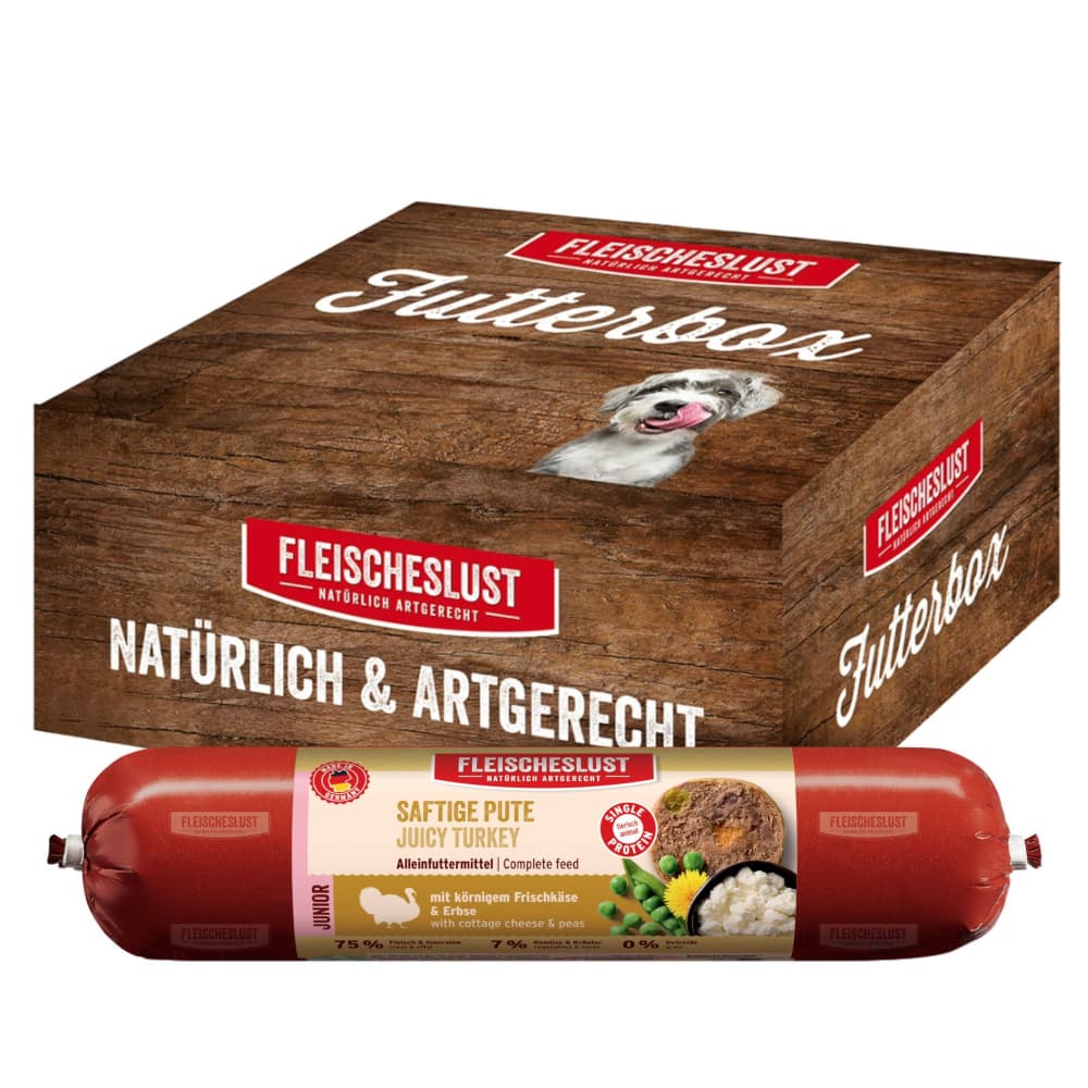 8 x 400 g dinde juteuse avec fromage frais en grains & pois Fleischeslust Futterbox Junior Classic nourriture pour chien humide